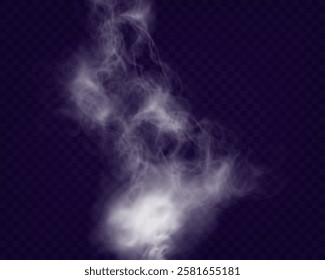 Realistic white smoke or mist effect with soft, swirling patterns on a transparent background. Perfect for overlays and atmospheric designs.