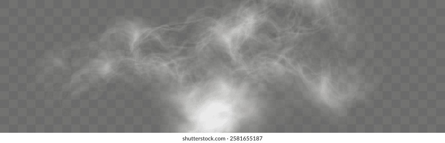 Realistic white smoke or mist effect with soft, swirling patterns on a transparent background. Perfect for overlays and atmospheric designs.