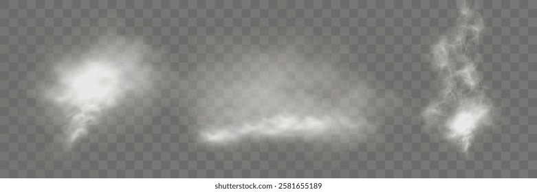 Realistic white smoke or mist effect with soft, swirling patterns on a transparent background. Perfect for overlays and atmospheric designs.