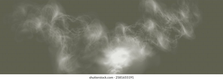 Realistic white smoke or mist effect with soft, swirling patterns on a transparent background. Perfect for overlays and atmospheric designs.