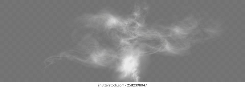 Realistic white smoke or mist effect with soft, swirling patterns on a transparent background. Perfect for overlays and atmospheric designs.	