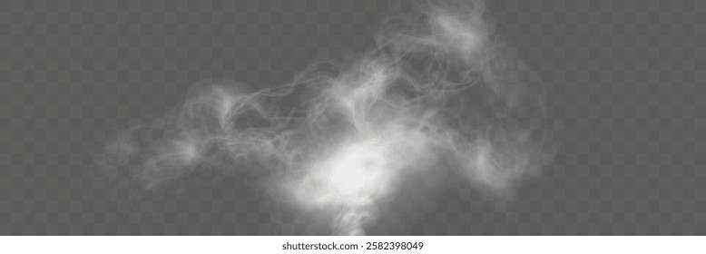 Realistic white smoke or mist effect with soft, swirling patterns on a transparent background. Perfect for overlays and atmospheric designs.	