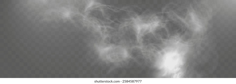 Realistic white smoke or mist effect with soft, swirling patterns on a transparent background. Perfect for overlays and atmospheric designs.	