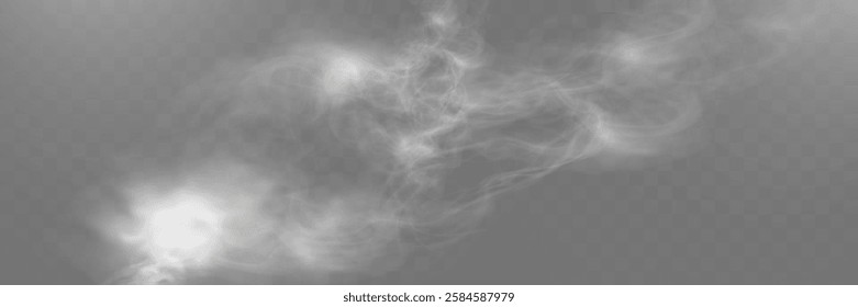 Realistic white smoke or mist effect with soft, swirling patterns on a transparent background. Perfect for overlays and atmospheric designs.	