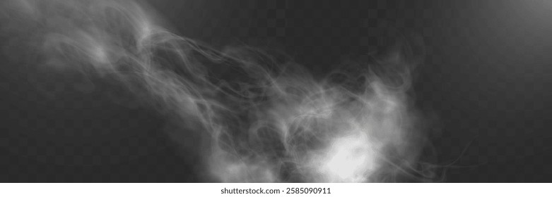 Realistic white smoke or mist effect with soft, swirling patterns on a transparent background. Perfect for overlays and atmospheric designs.	