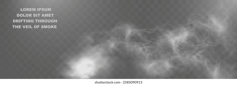 Realistic white smoke or mist effect with soft, swirling patterns on a transparent background. Perfect for overlays and atmospheric designs.	