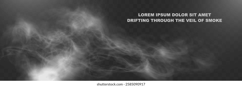 Realistic white smoke or mist effect with soft, swirling patterns on a transparent background. Perfect for overlays and atmospheric designs.	