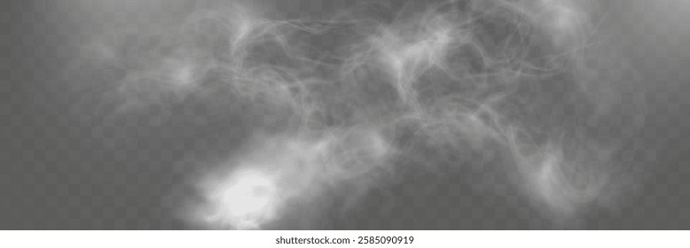 Realistic white smoke or mist effect with soft, swirling patterns on a transparent background. Perfect for overlays and atmospheric designs.	