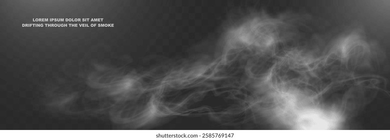 Realistic white smoke or mist effect with soft, swirling patterns on a transparent background. Perfect for overlays and atmospheric designs.	