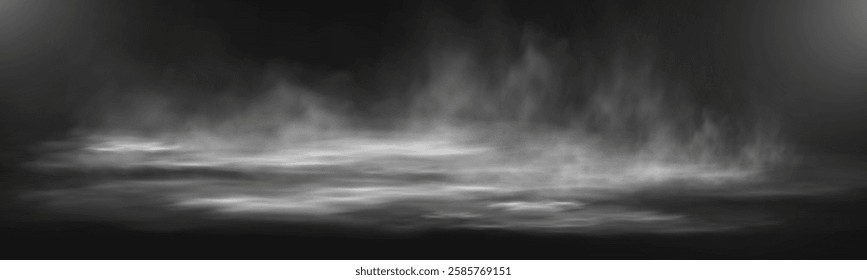 Realistic white smoke or mist effect with soft, swirling patterns on a transparent background. Perfect for overlays and atmospheric designs.	