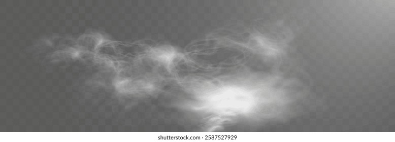 Realistic white smoke or mist effect with soft, swirling patterns on a transparent background. Perfect for overlays and atmospheric designs.