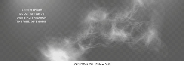 Realistic white smoke or mist effect with soft, swirling patterns on a transparent background. Perfect for overlays and atmospheric designs.