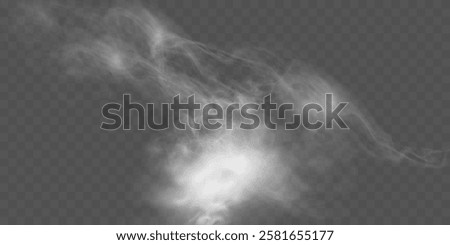 Realistic white smoke or mist effect with soft, swirling patterns on a transparent background. Perfect for overlays and atmospheric designs.
