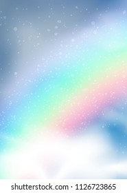 realistic white smoke on  the background of a rainbow and a blue sky with clouds