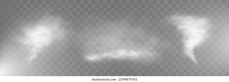 Realistic white smoke on transparent background with soft swirling effect, misty fog, airy vapor, atmospheric haze, drifting smog, subtle steam, floating cloud, delicate fumes.