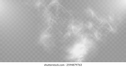 Realistic white smoke on transparent background with soft swirling effect, misty fog, airy vapor, atmospheric haze, drifting smog, subtle steam, floating cloud, delicate fumes.