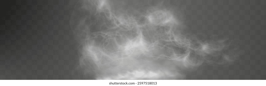 Realistic white smoke on transparent background with soft swirling effect, misty fog, airy vapor, atmospheric haze, drifting smog, subtle steam, floating cloud, delicate fumes.	