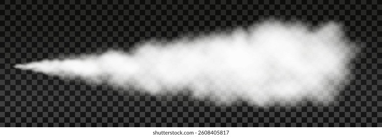 Realistic white smoke from rocket launch. Steam or gas effect. Foggy airplane trail. Vector illustration on transparent background.