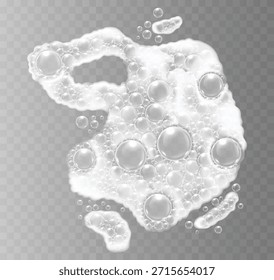 Realistic white soap bubbles and foam on transparent background. Vector illustration