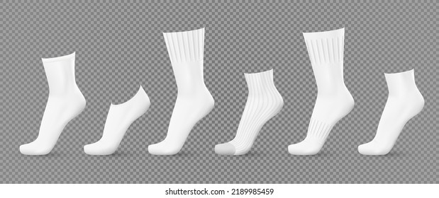 Realistic white socks. 3D blank classic cotton foot clothes mockup. Sport elastic golfs and footprints. Long and middle. Modern fashion. Isolated footwear clothing. Decent