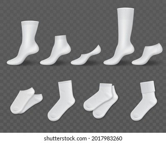 Realistic white socks. Blank classic socks different lengths, long and short, elastic options, cotton foot clothes, footprints and sport golfs. Vector isolated on transparent background set
