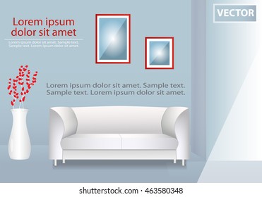 Realistic white sofa with flowers in a pot and painting interior. Template. Vector illustration.