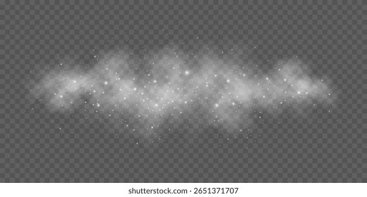 Realista branco suave nevoeiro ou efeito de fumaça com poeira brilhante em um fundo transparente. Misty elemento atmosfera para sobreposição em imagens, cenas dramáticas ou efeitos visuais meteorológicos. Vetor.