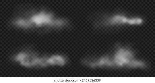 Nubes blancas y suaves de neblina. Ilustración vectorial. Conjunto de Elementos de diseño de cielo nublado aislado sobre fondo transparente