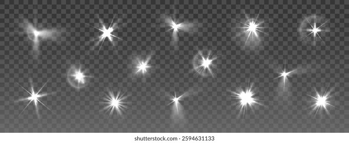 Realistic White Sparkle, Shining Star Light Effects on Transparent Background, Glowing Lens Flare and Glittering Twinkle for Christmas, Magic, and Festive Design Elements