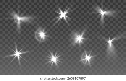 Realistic White Sparkle, Shining Star Light Effects on Transparent Background, Glowing Lens Flare and Glittering Twinkle for Christmas, Magic, and Festive Design Elements