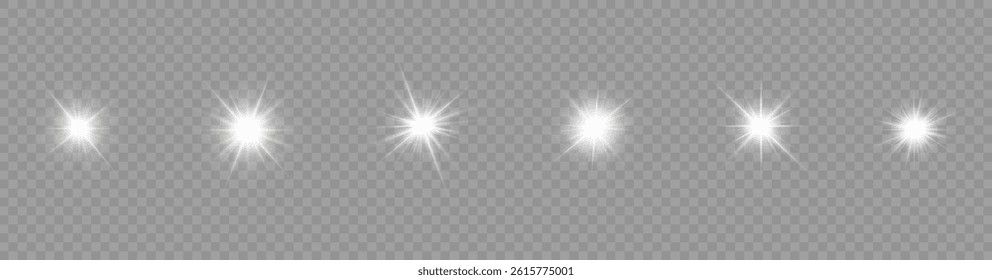 Realistic White Sparkle, Shining Star Light Effects on Transparent Background, Glowing Lens Flare and Glittering Twinkle for Christmas, Magic, and Festive Design Elements
