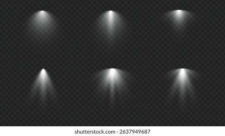 Realistic white spotlight beam set, stage lighting vector, soft glowing light effect, transparent isolated design element, overhead illumination, bright spot highlight for compositions