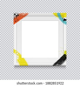 Realistic white square photo frame painted with graffiti paint on a transparent background. Vector illustration.