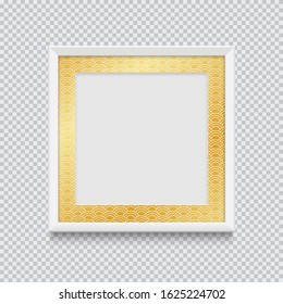 Realistic white square picture or photo frame with gold ornament. Vector illustration isolated on a transparent background.