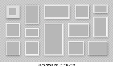 Realistic white square and rectangle empty photo frames. Wall picture, painting or poster frame mockups. 3d modern photoframes vector set. Illustration of white square and rectangle template