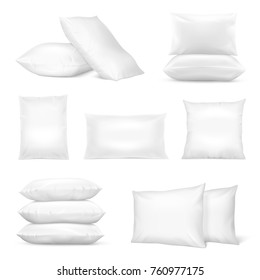 Realistic white square and rectangular pillows set with natural and synthetic cotton mix fiberfill isolated vector illustration 