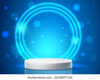 Realistic white stage podium with circular lighting. Bokeh glare and glow. Cylinder platform scene. Presentation empty stand. 3D round pedestal with shiny neon blue rings. Vector exhibition background