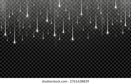 Realistic white starfall isolated on transparent background. Stars, glitter, sparkles fireworks falling down. Festive celebration element. Vector illustration