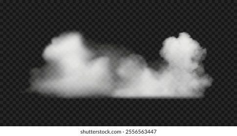 Realistic white steam cloud, smoke, fog or haze. Vector fluffy cloud, steam isolated on transparent backdrop