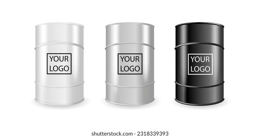 Realistic White, Steel and Black Metal Oil, Fuel, Gasoline Barrel Set Isolated. Design Template of Packaging for Mockup. Vector