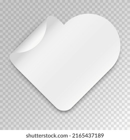 Realistic white sticker. Peel off stamp in form of heart, love and care, romance. Graphic elements for website, poster or banner, space for text. Layout or template. Isometric vector illustration