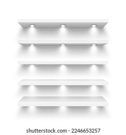 Realistic white store shelves with lighting, spotlights. Empty product shelf, grocery wall rack. Mall and supermarket furniture, bookshelf. Modern interior design element. Vector illustration