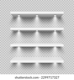 Estantes de tiendas blancas realistas con iluminación, focos de atención. Estante de producto vacío, rack de pared de comestibles. Mobiliario de centro comercial y supermercado, biblioteca. Decoración moderna. Ilustración del vector