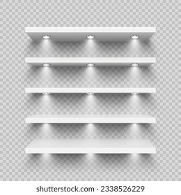 Realistic white store shelves with lighting, spotlights. Empty product shelf, grocery wall rack. Mall and supermarket furniture, bookshelf. Modern interior design element. Vector illustration