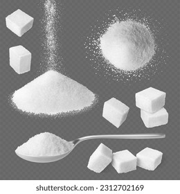 Realistic white sugar, heap salt and sugar in metallic spoon. Sugaring cubes and pile, sweet sand for food, cooking and bakery. Pithy vector set