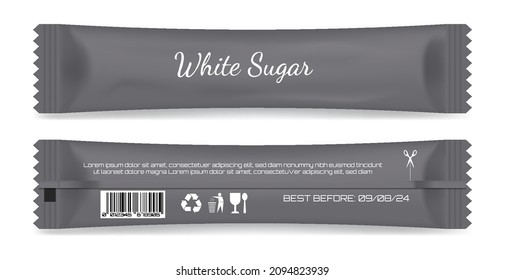 Realistic White Sugar sachet, White Sugar in paper kraft 

packaging, Mock up for design isolated on white 

background, packet mockup for food sweetener.
