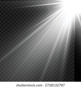 Realista White Sun Ray Light Beam da sobreposição de canto. Vetor.