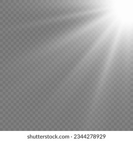 Realistic white sun rays. Light effect. Warm glow effect. The sun, a ray of sunshine. Glare from flare png. Vector light with glare. Lens flare, dawn, white beam sunrays sky background. 