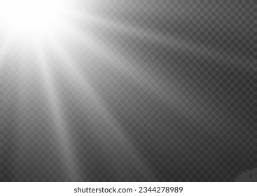 Realistische weiße Sonnenstrahlen. Lichteffekt. Warmer Glüheffekt. Die Sonne, ein Sonnenstrahl. Glare from flare png. Vektorlicht mit Brille. Linsenflare, Morgendämmerung, weißer Strahl Sonnenstrahlen Himmelshintergrund. 