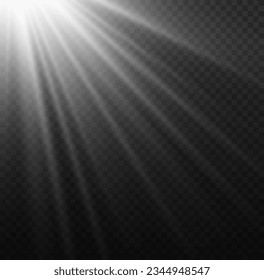 Realistic white sun rays. Light effect. Warm glow effect. The sun, a ray of sunshine. Glare from flare png. Vector light with glare. Lens flare, dawn, white beam sunrays sky background. 